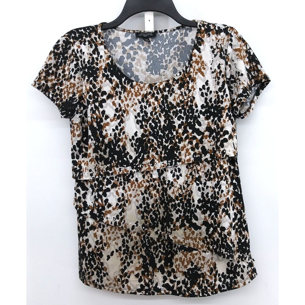 Notations Blouse Women Size PM Brown Black Animal Print Short Sleeve Scoop Neck
